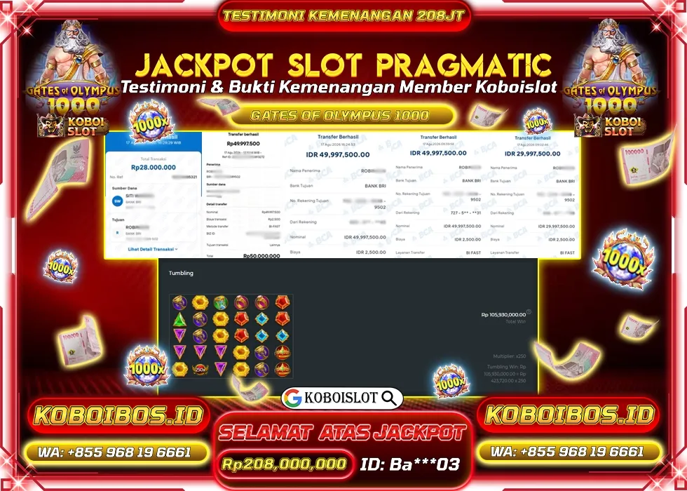 BUKTI KEMENANGAN Ba***03 SLOT GACOR GATES OF OLYMPUS 1000 Rp208.000.000,- LUNAS